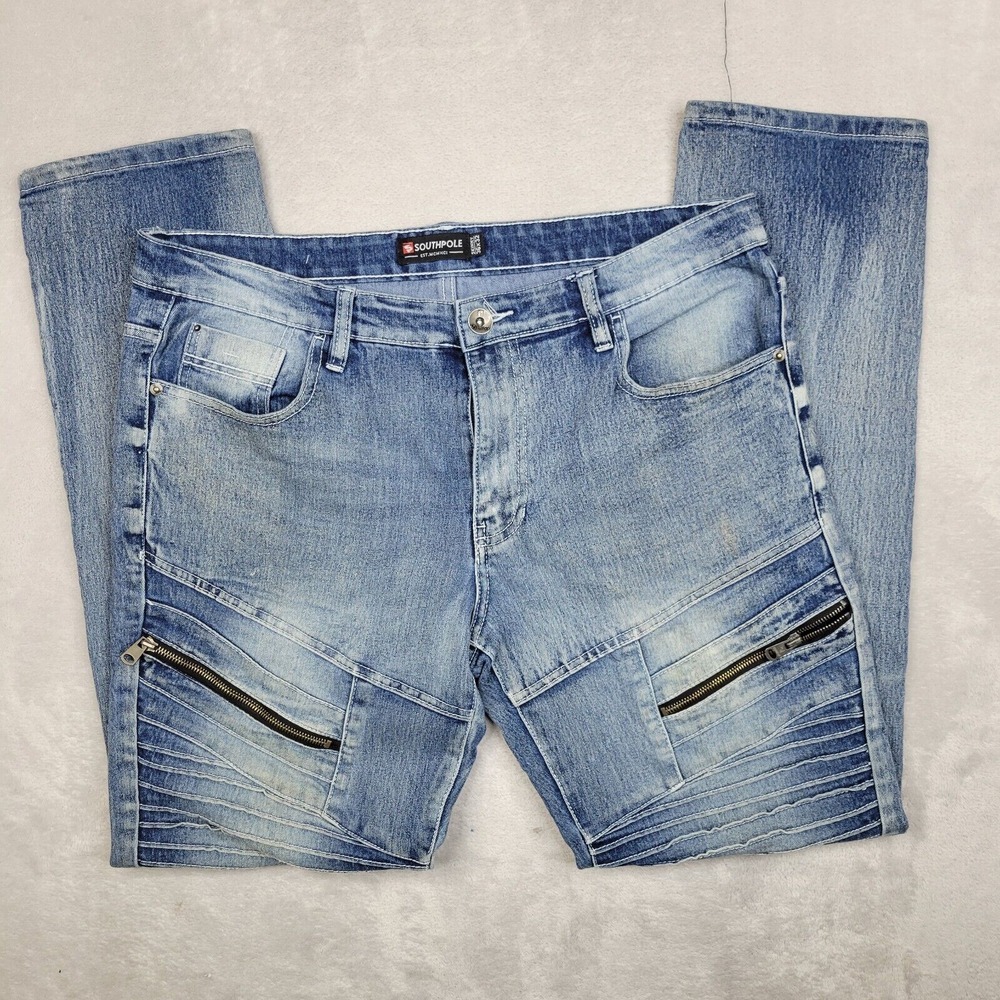 Southpole Jeans Mens 36x32 Skinny Moto Biker Ribbed‎ Fading Vintage Y2K Adult